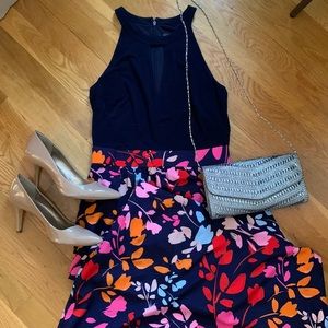 Vince Camuto Navy Blue and Multicolor Floral Halter Dress, size 2